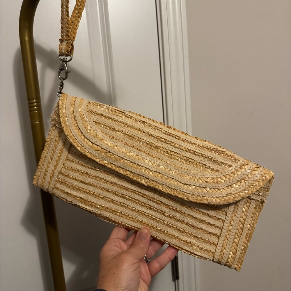Big Buddha Woven Straw and Sequins Clutch With Detachable Wrist Strap NWOT